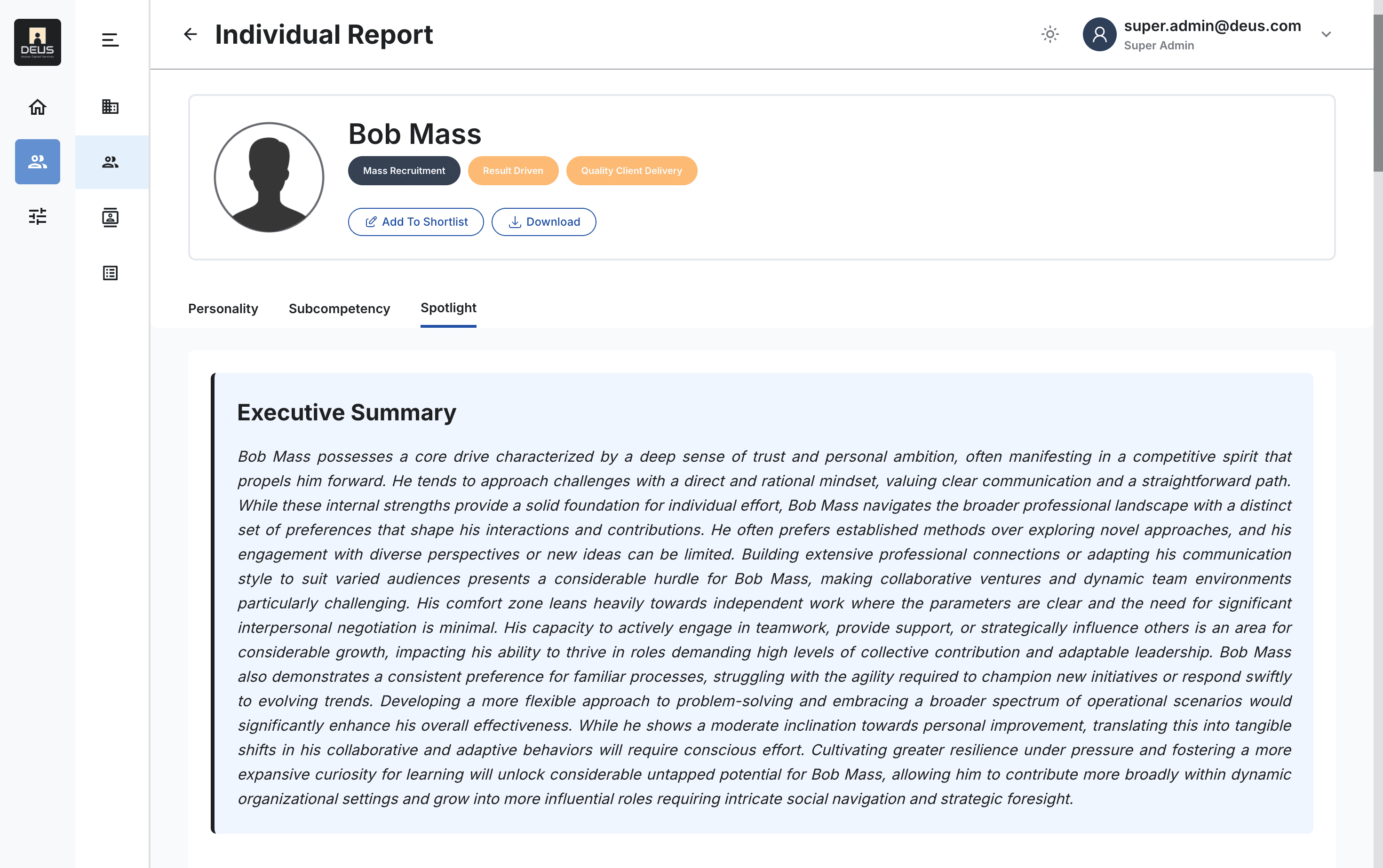 A generated personality report showing an executive summary