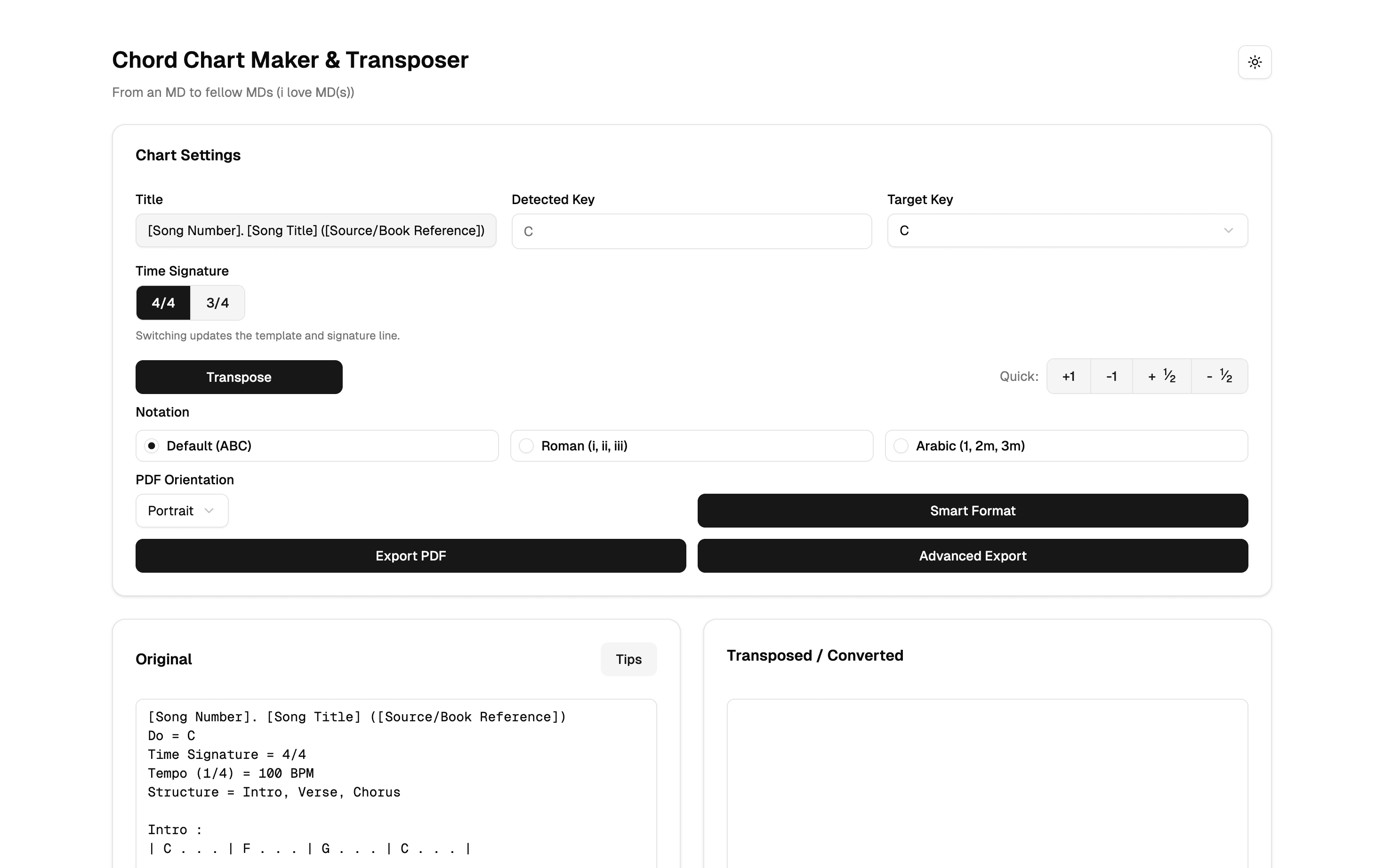 The chord chart maker with transpose, notation and export controls