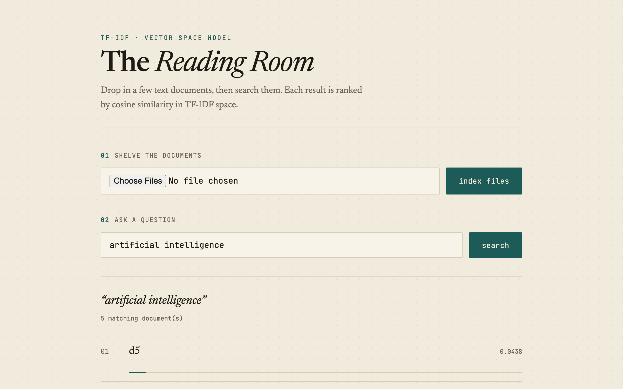 The redesigned TF-IDF search app, a paper-toned reading room with ranked results