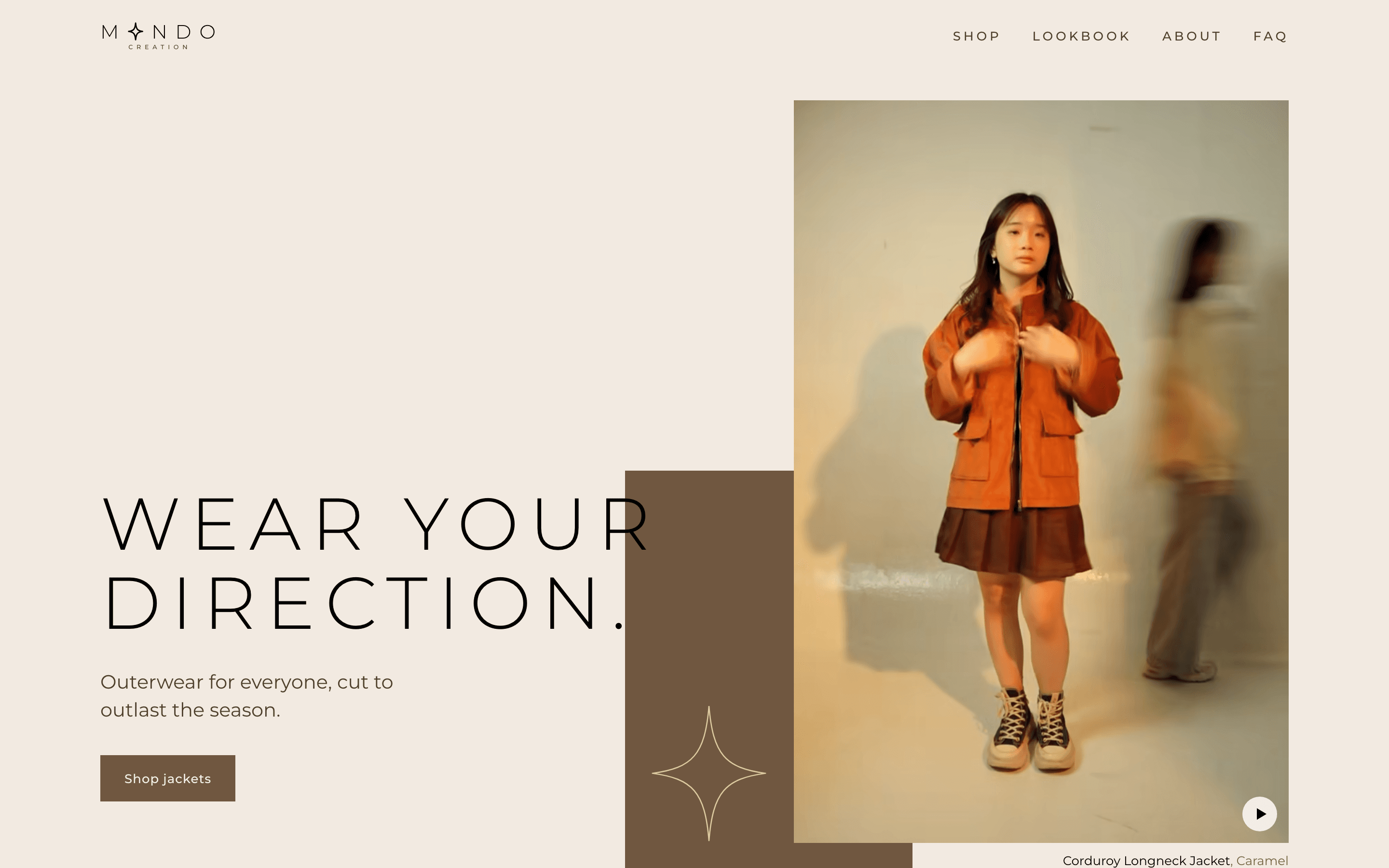 The MONDO Creation homepage: a model in a caramel jacket beside the words “Wear your direction.”