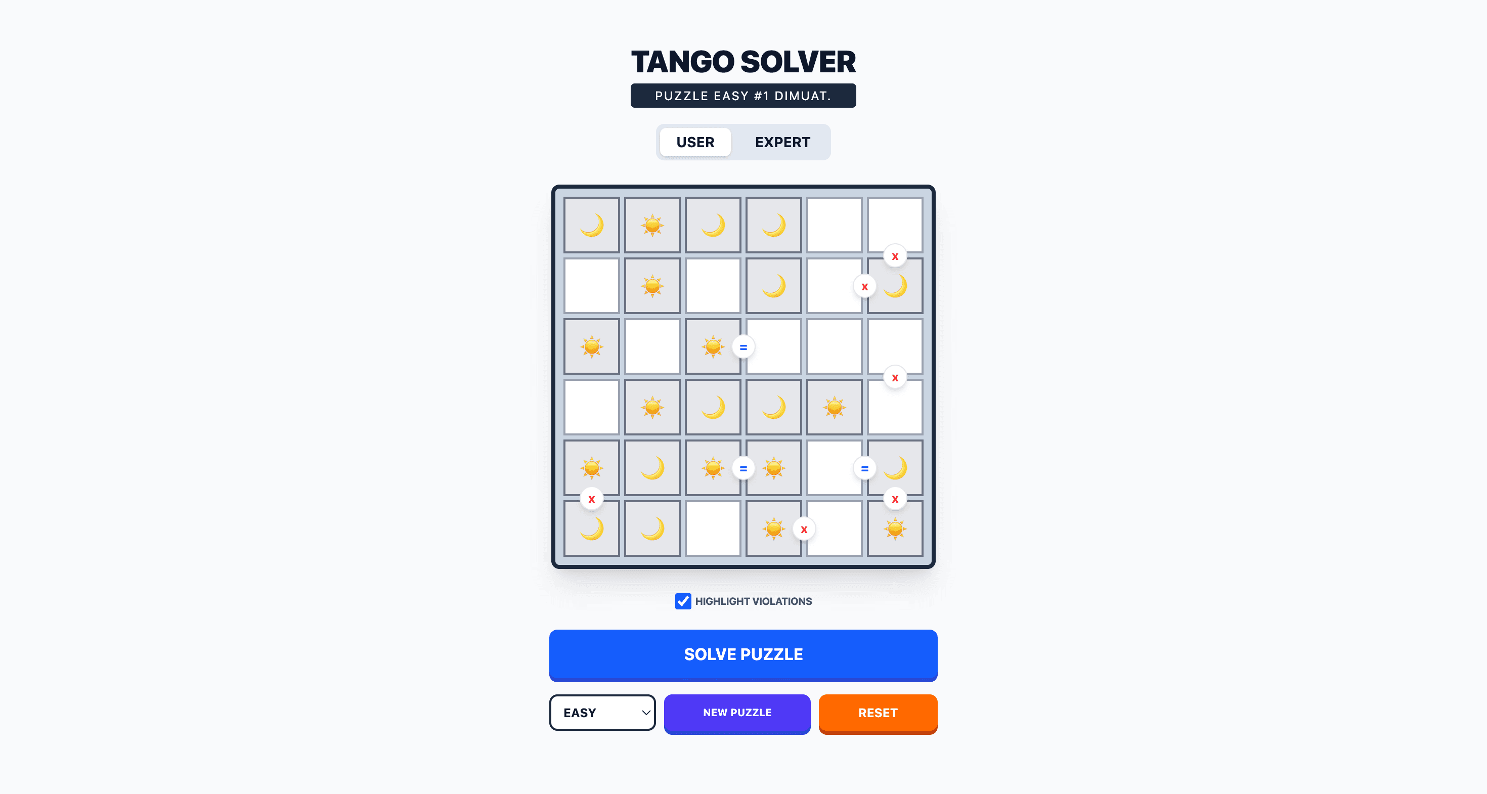 The Tango solver web app with a partly solved puzzle grid